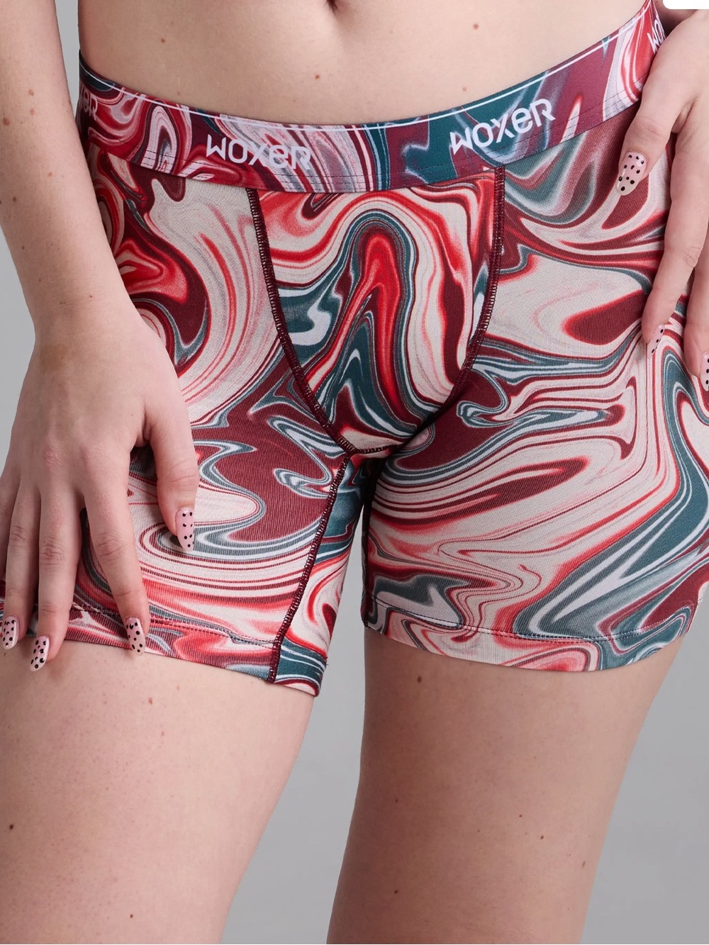 Woxer Women's Marble-Print Red, Green & Cream Bike Shorts